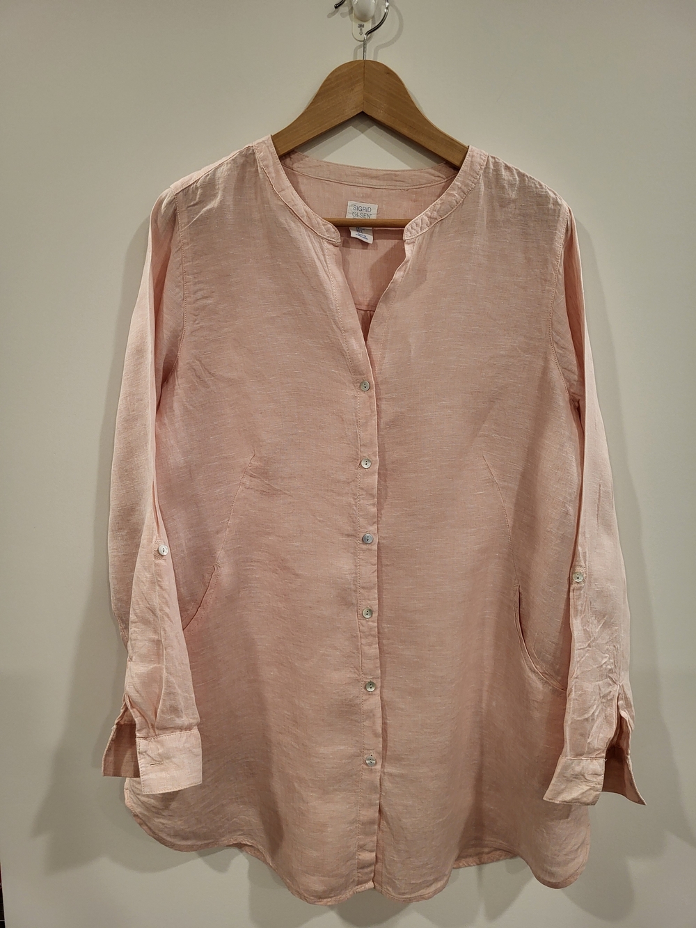 Sigrid Olsen Linen Top Women L Pink Button Up Beach Coastal Lagenlook Resortwear
